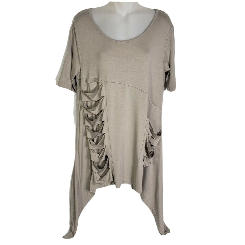 Valeria Fratta Womens Top 40-42 Medium Beige Lagenlook Sharkbite Short Sleeve